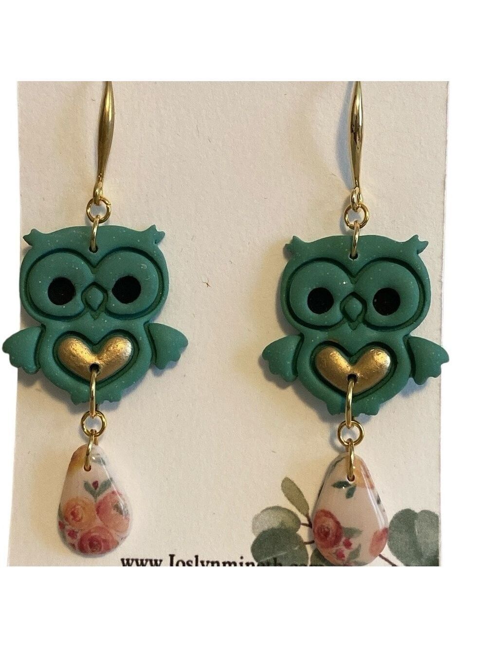 Owl Earrings Polymar Clay Dangly Floral Gold Tone Turquoise New